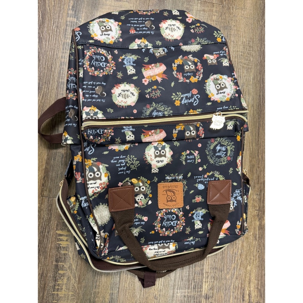 Dolly Club Taipei Taiwan Owl Floral Print Wide Frame Backpack Navy Blue Kawaii